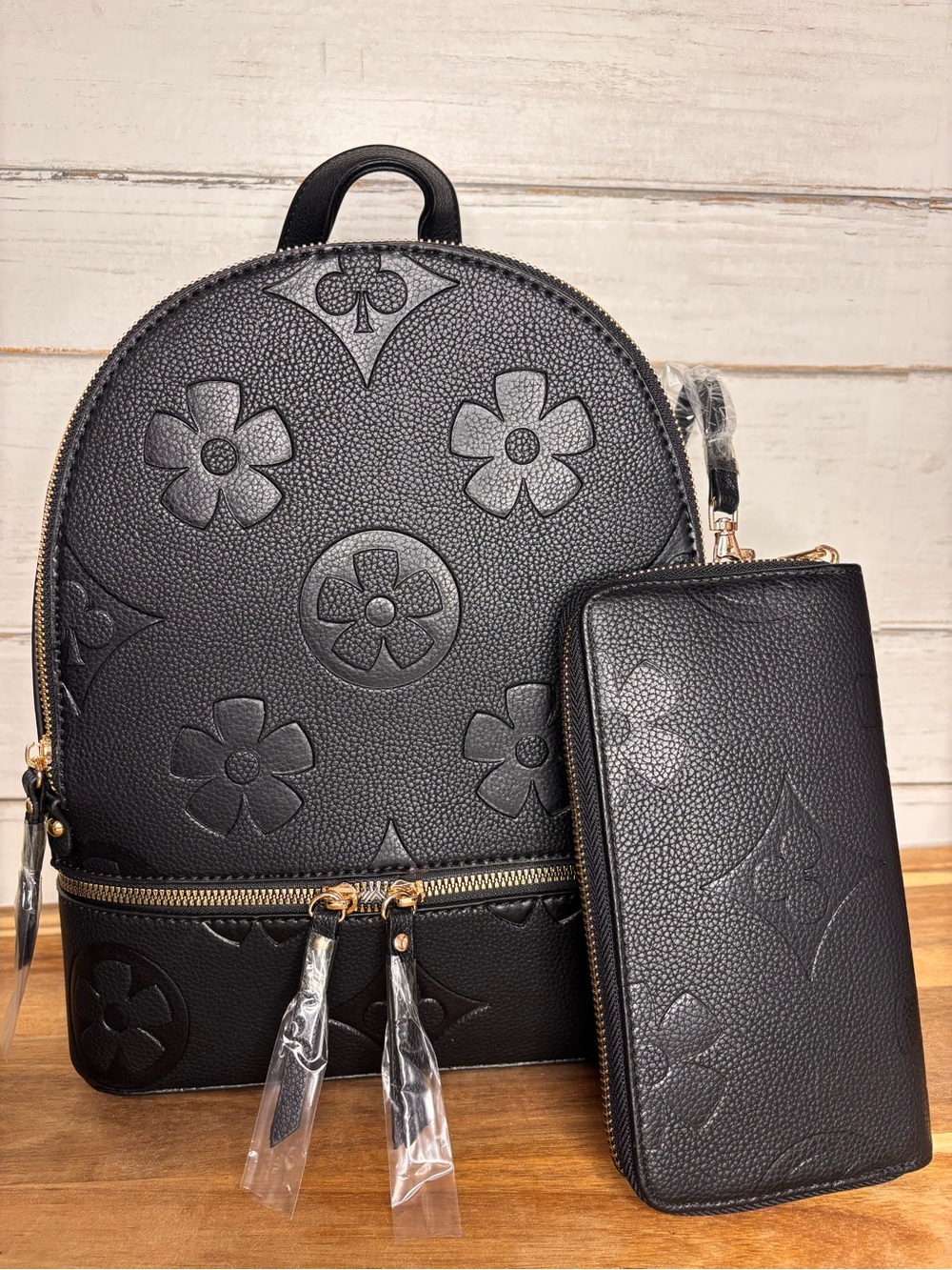 Black Embossed Fashion Backpack with Matching Wallet